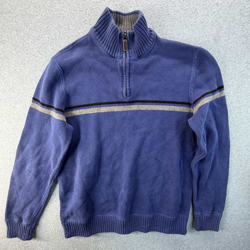 Eddie Bauer Mens Tall Large Blue Striped 1/4 Zip Cotton Mock Neck Sweater TL